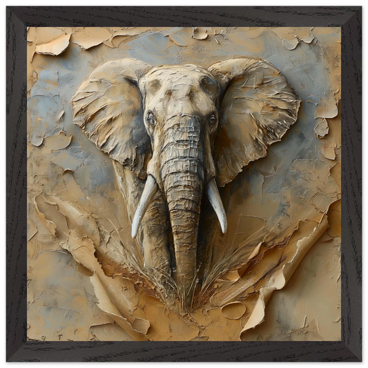 3D wall art of an elephant head on a textured background with a black frame.