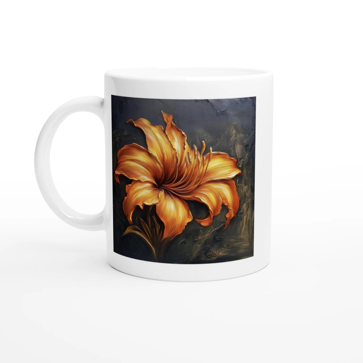 White mug with a large orange flower design on a dark background