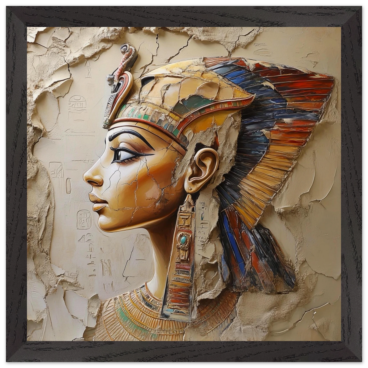 Decorative wall art of an Egyptian pharaoh's profile with intricate headdress.