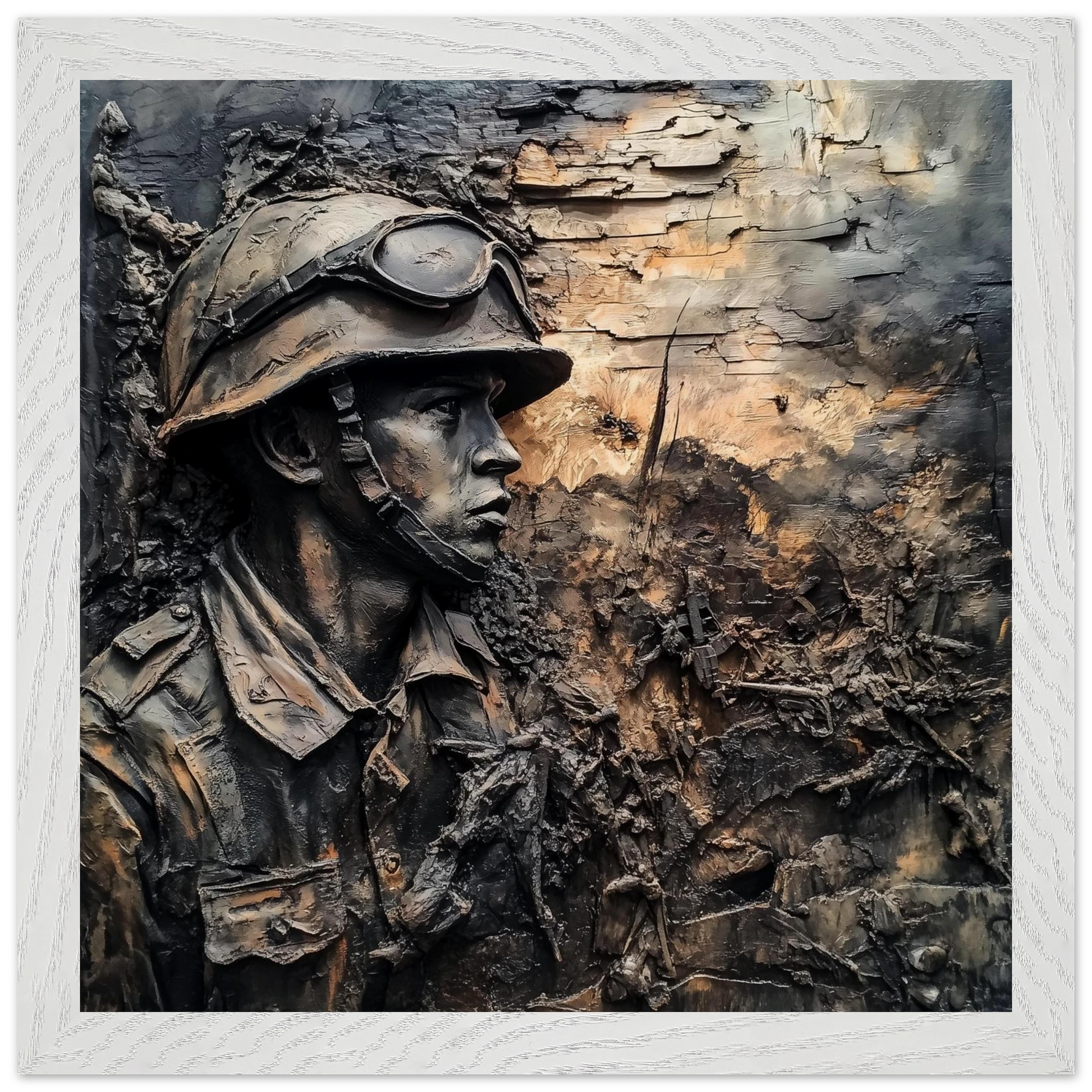 Bronze sculpture of a soldier with helmet and goggles against a textured background