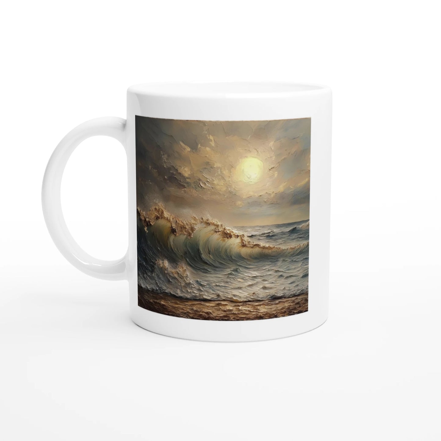 Mug with a design of a stormy sea and sunset on a white background