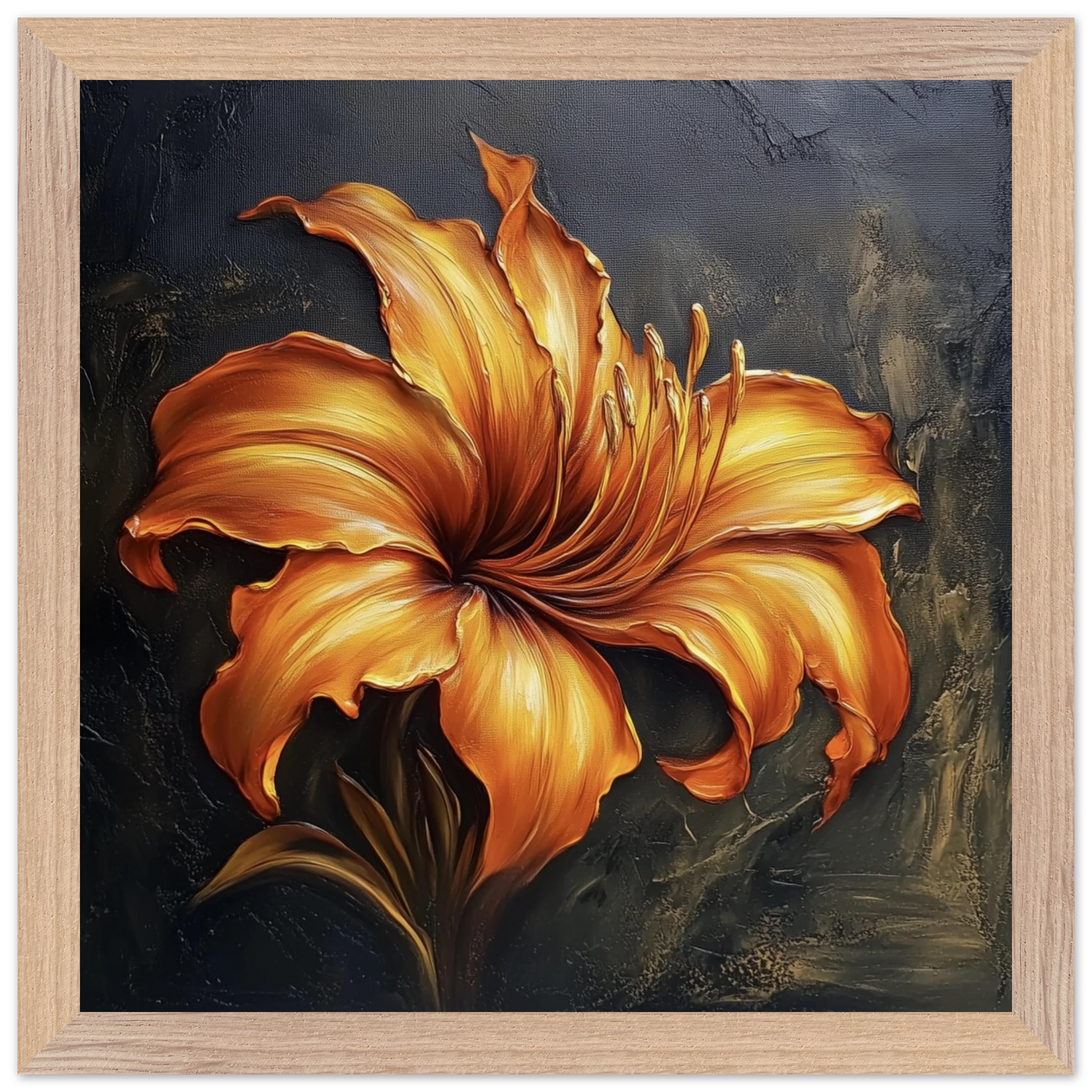 Framed artwork of a large orange flower on a dark background