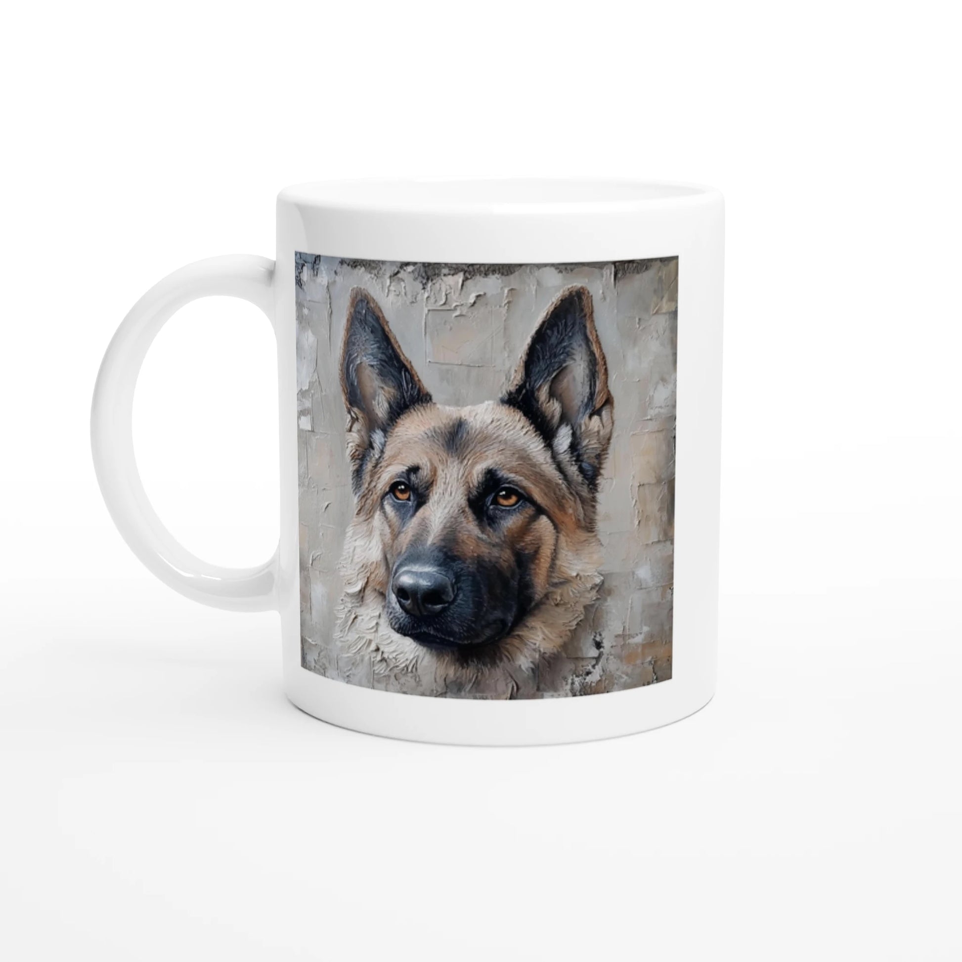 White mug with a German Shepherd dog design on a white background