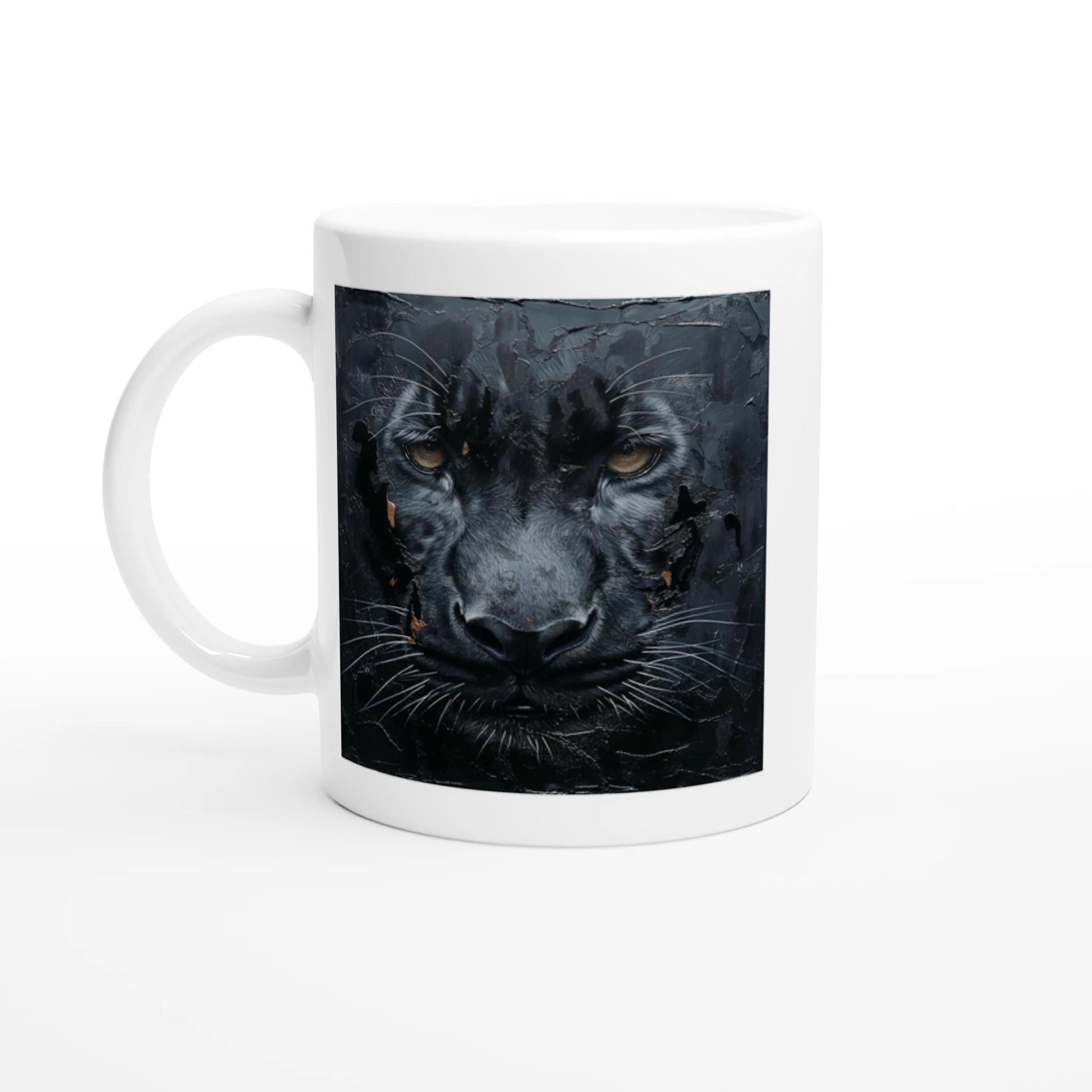 White mug with a black panther design on a white background