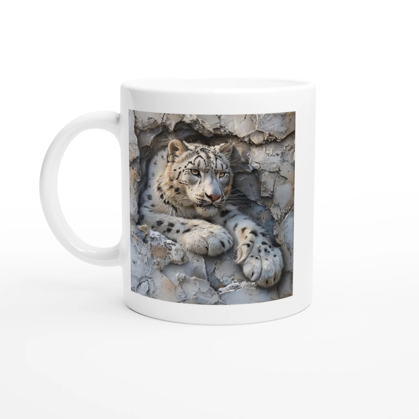 Mug with a snow leopard design on a white background