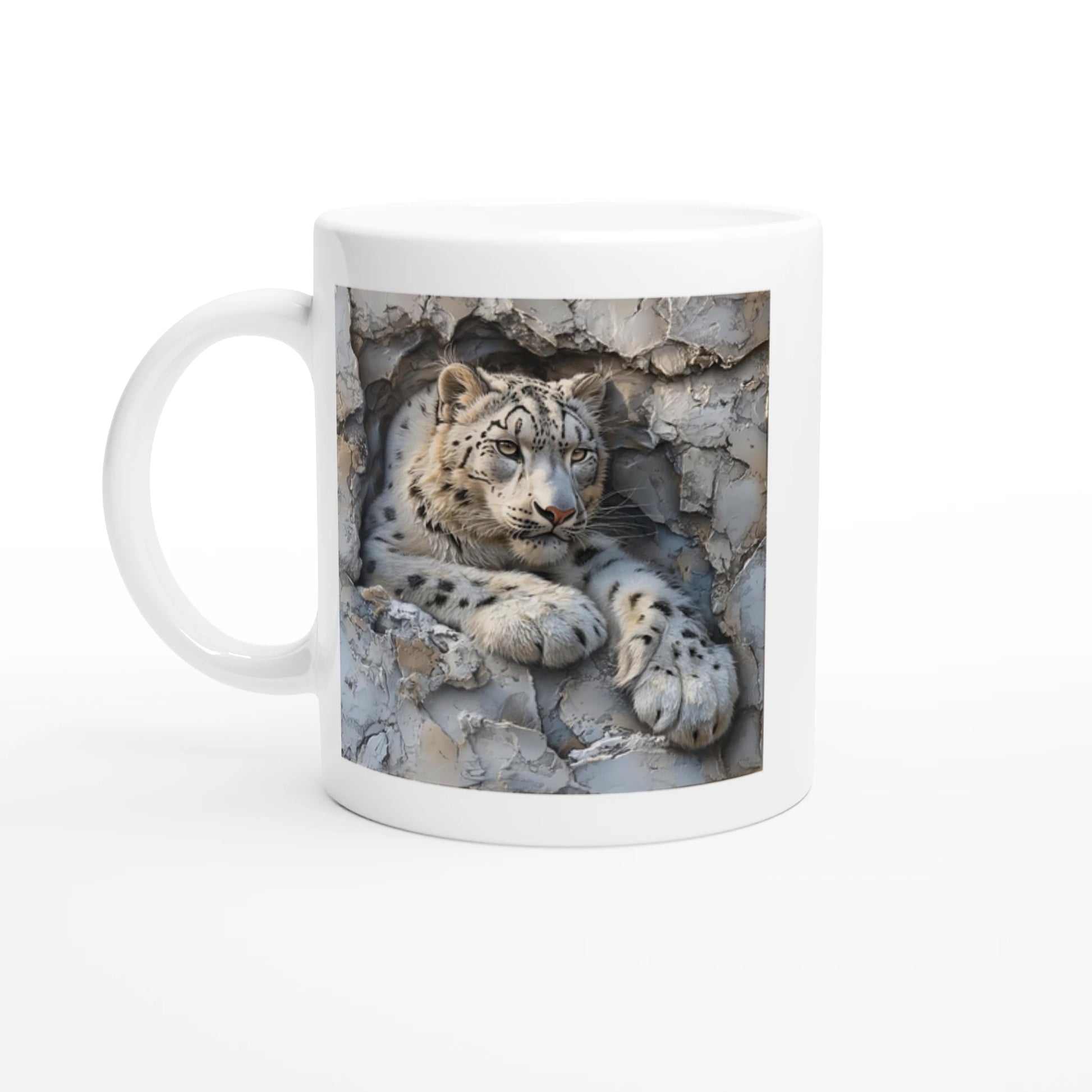 Mug with a snow leopard design on a white background