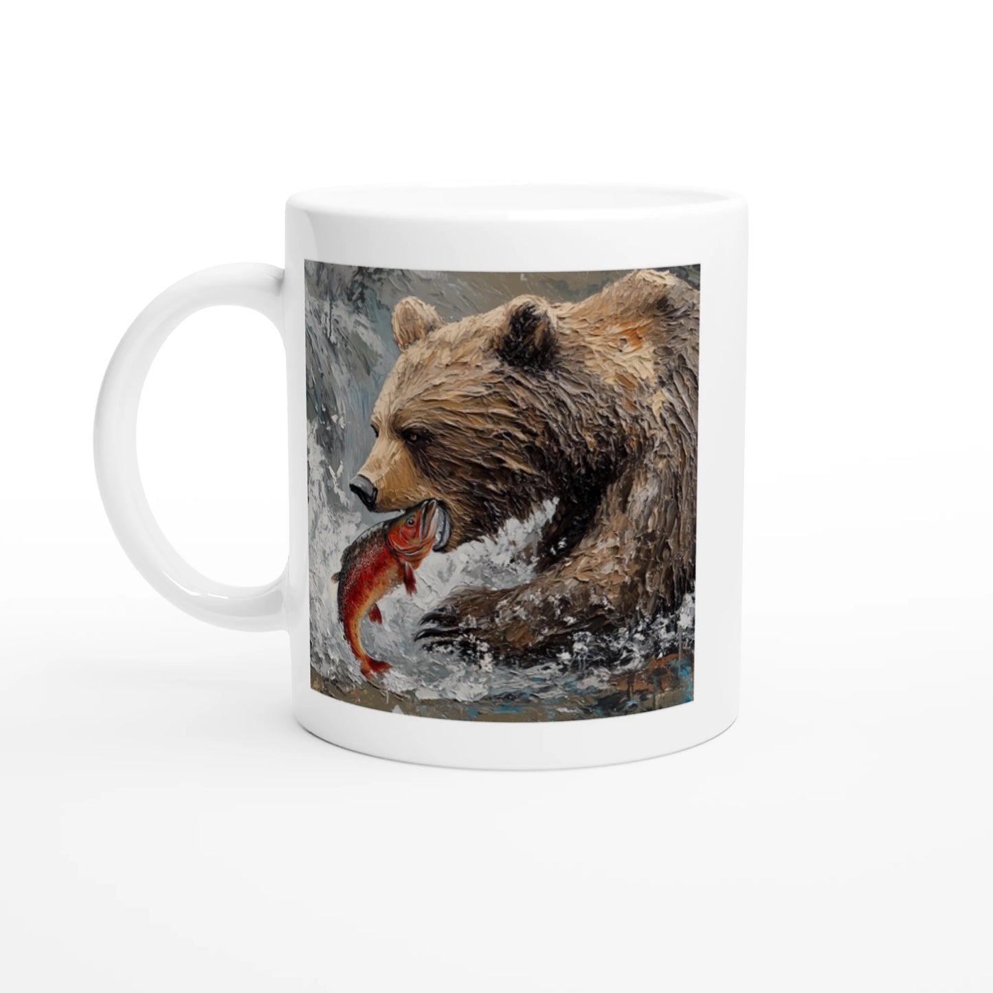 Mug with a design of a bear catching a fish on a white background