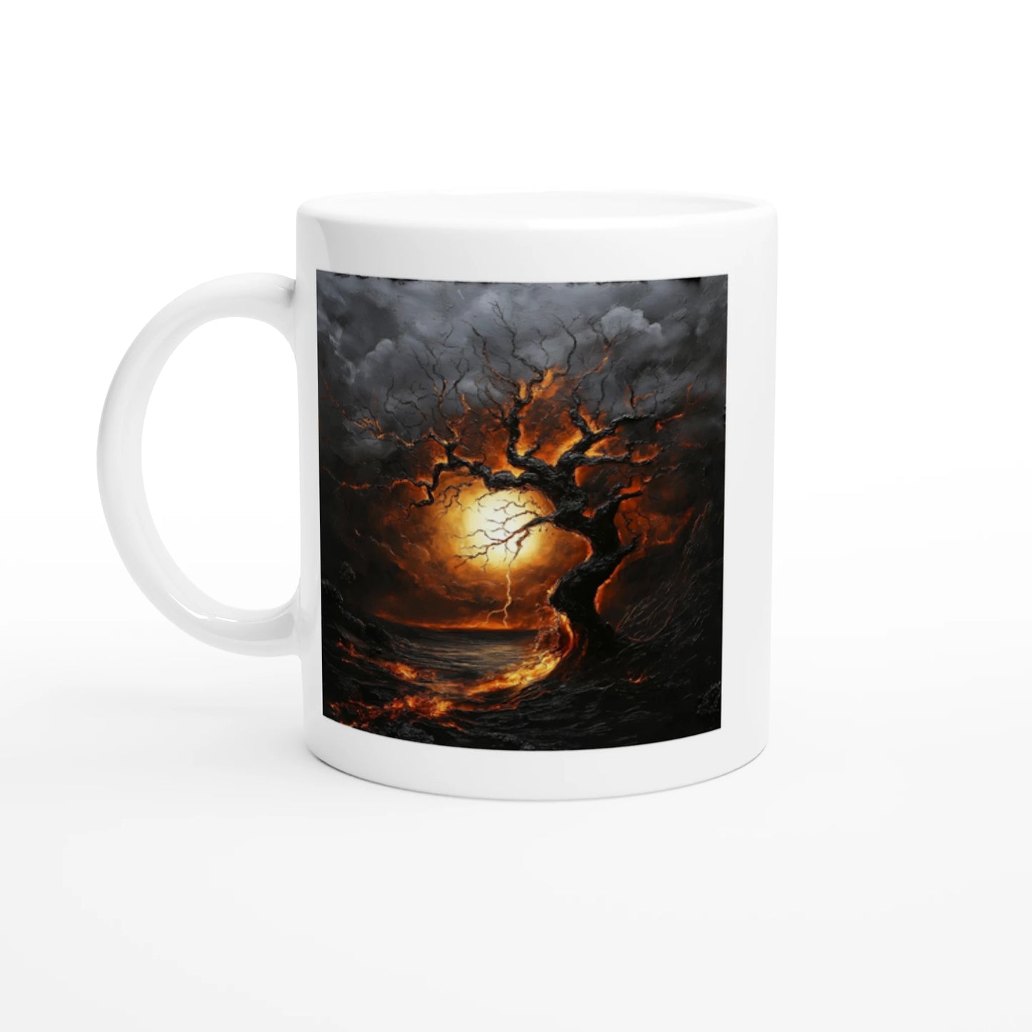 White mug with a dark, artistic design of a tree and moon on a white background