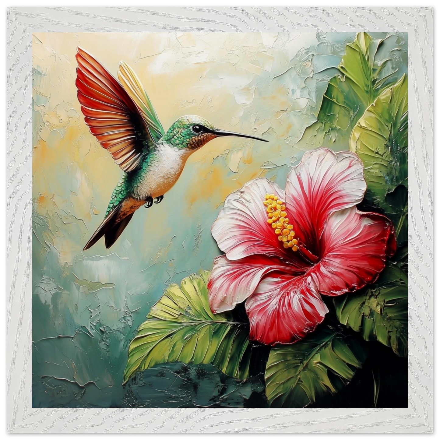 Painting of a hummingbird and a pink flower with green leaves.