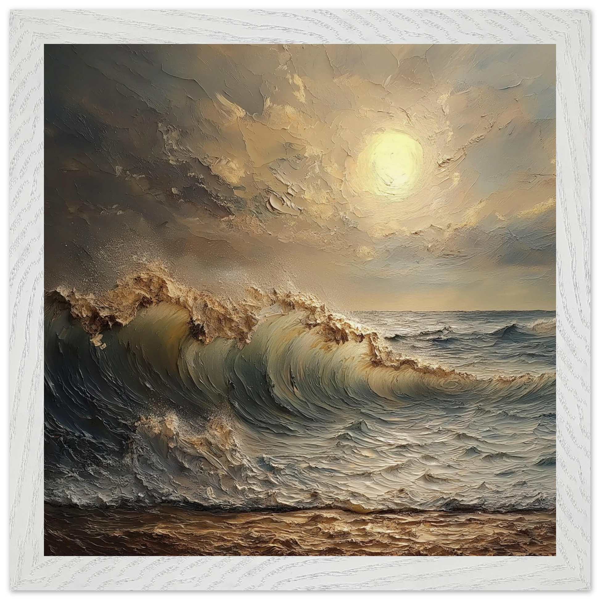 Oil painting of a dramatic ocean scene with waves and a bright sun.