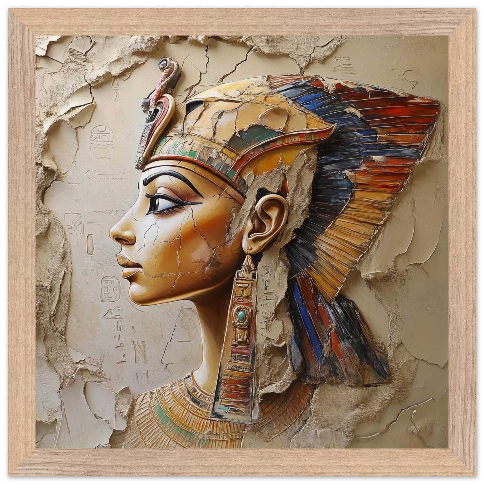 Decorative wall art of an Egyptian pharaoh's profile with a wooden frame.
