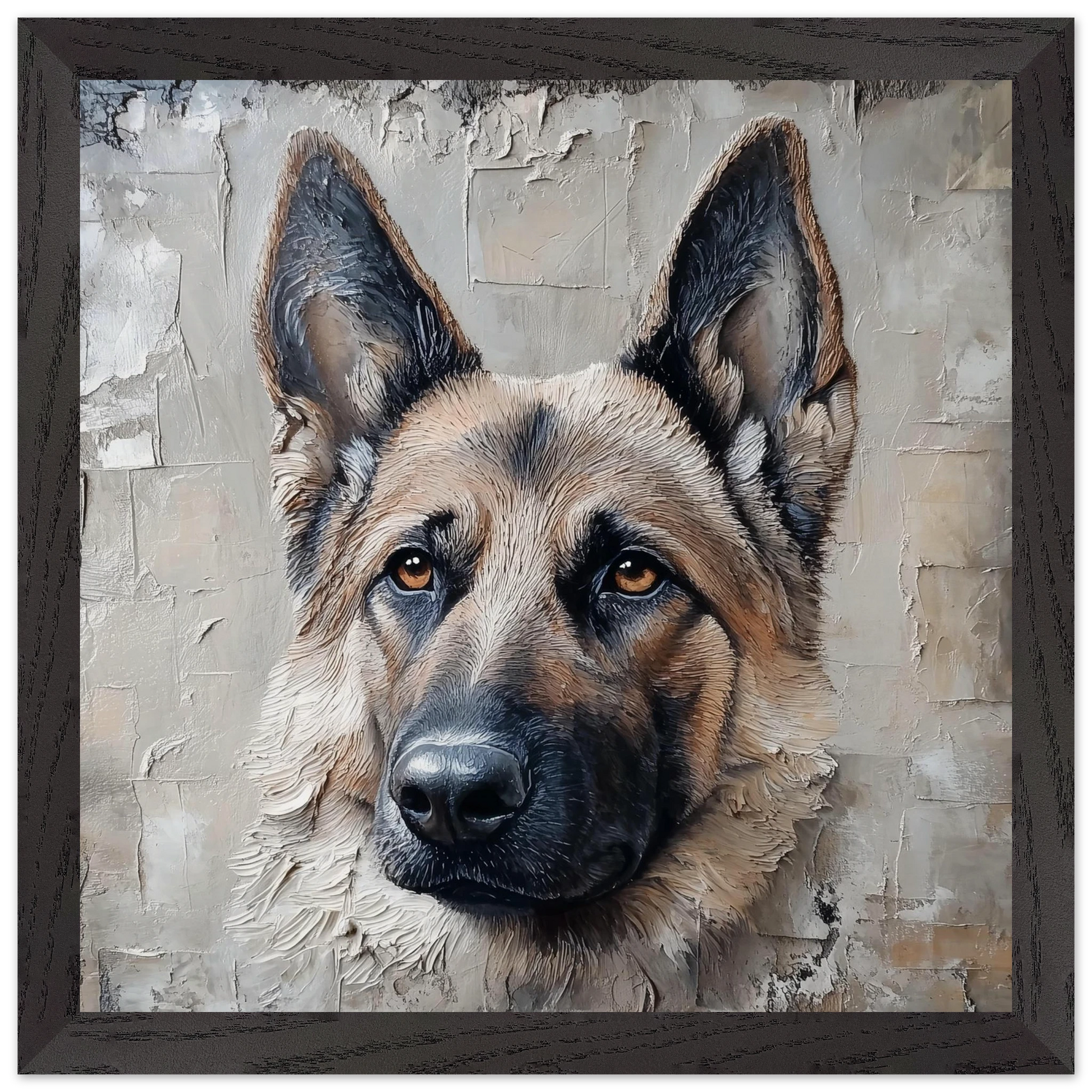 Framed artwork of a German Shepherd dog's face on a textured background