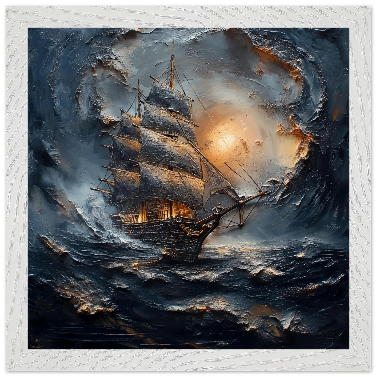 Framed artwork of a ship sailing through rough waters with a glowing light in the background.