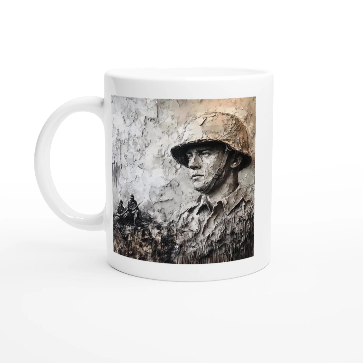 Mug with a graphic of a soldier on a textured background