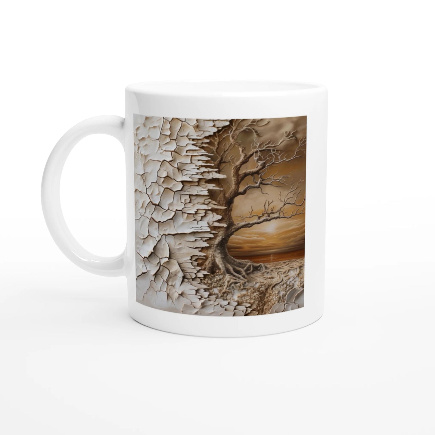 White mug with a tree design on a white background