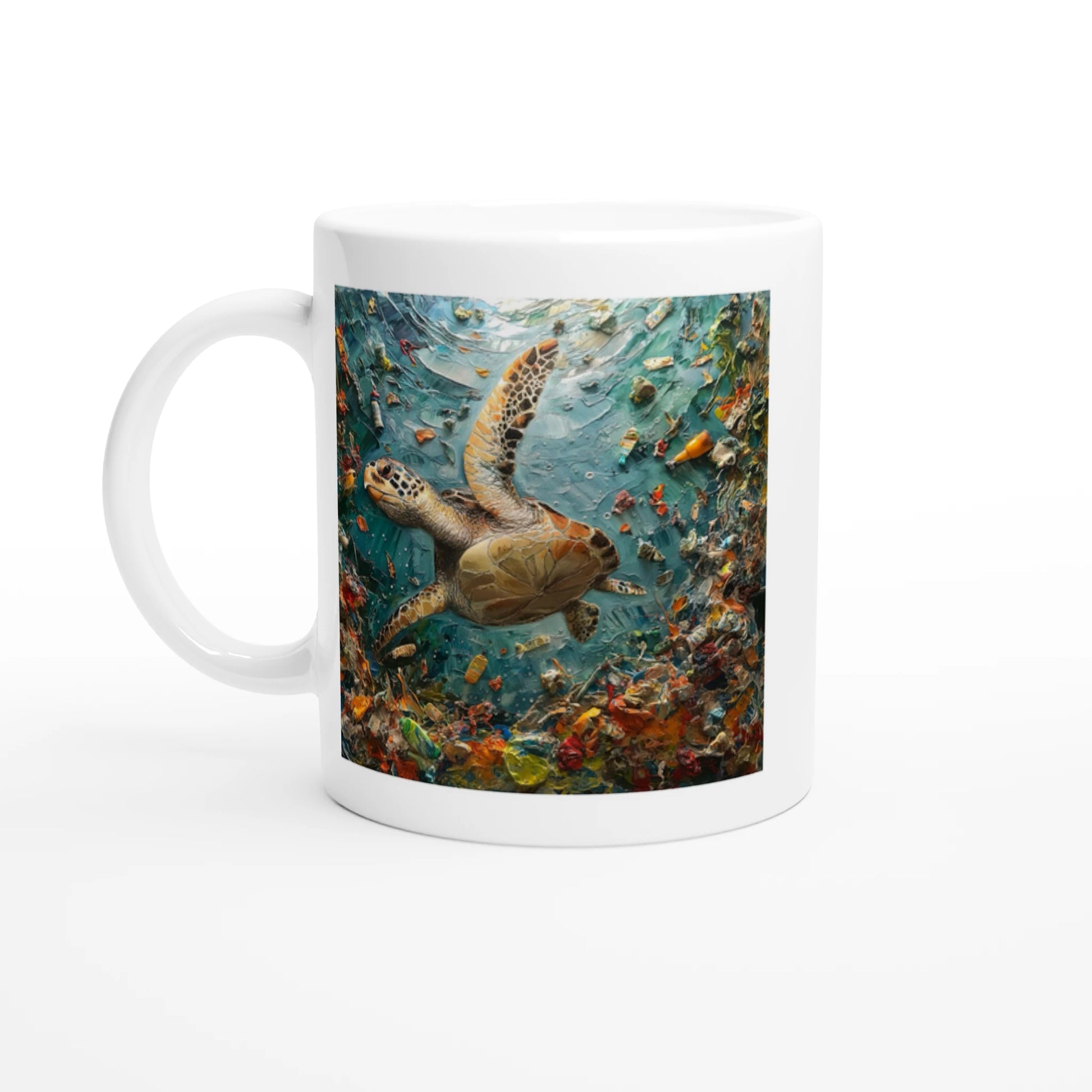 Mug with a design of a turtle in an underwater scene with plastic pollution.