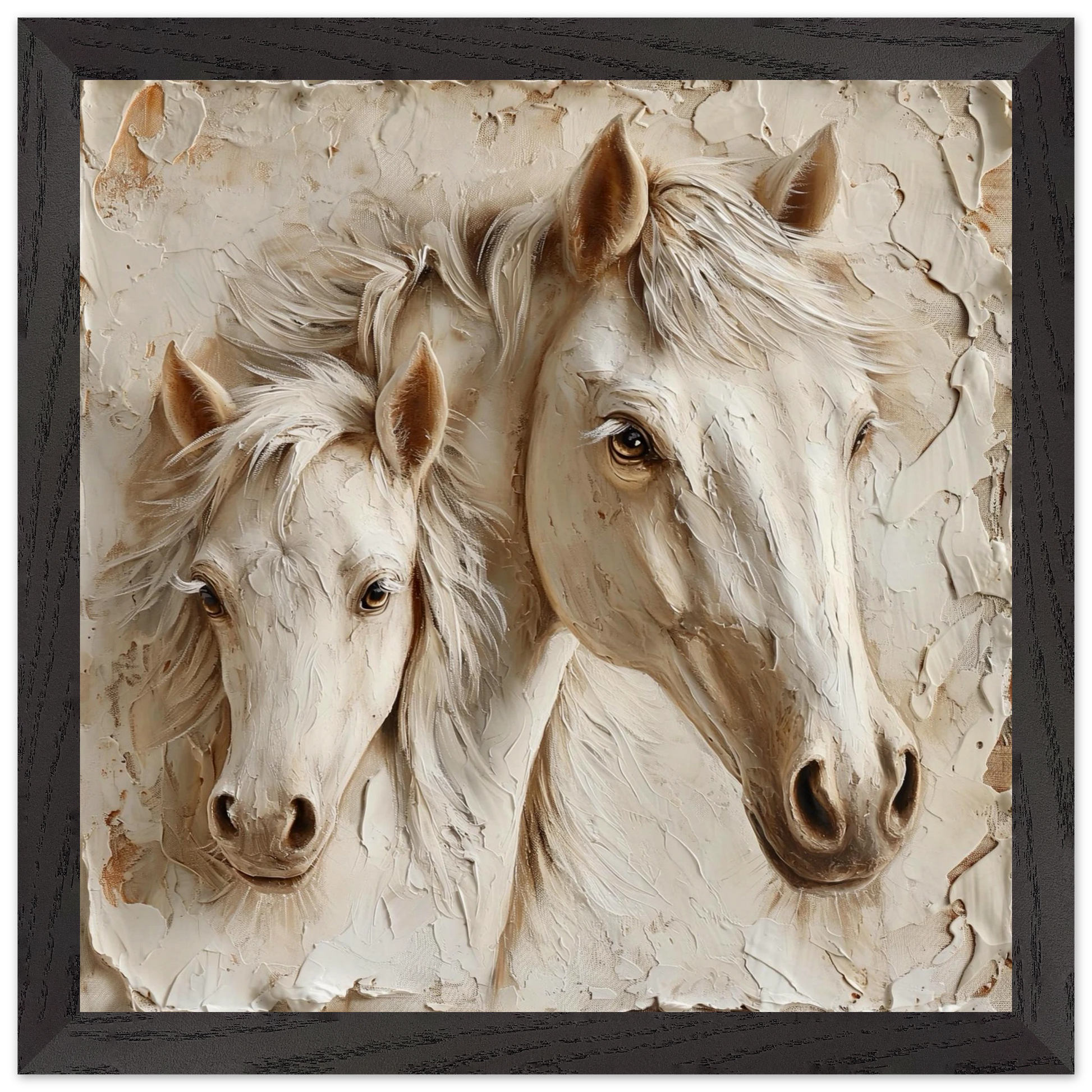 Framed artwork of two white horses with a textured beige background