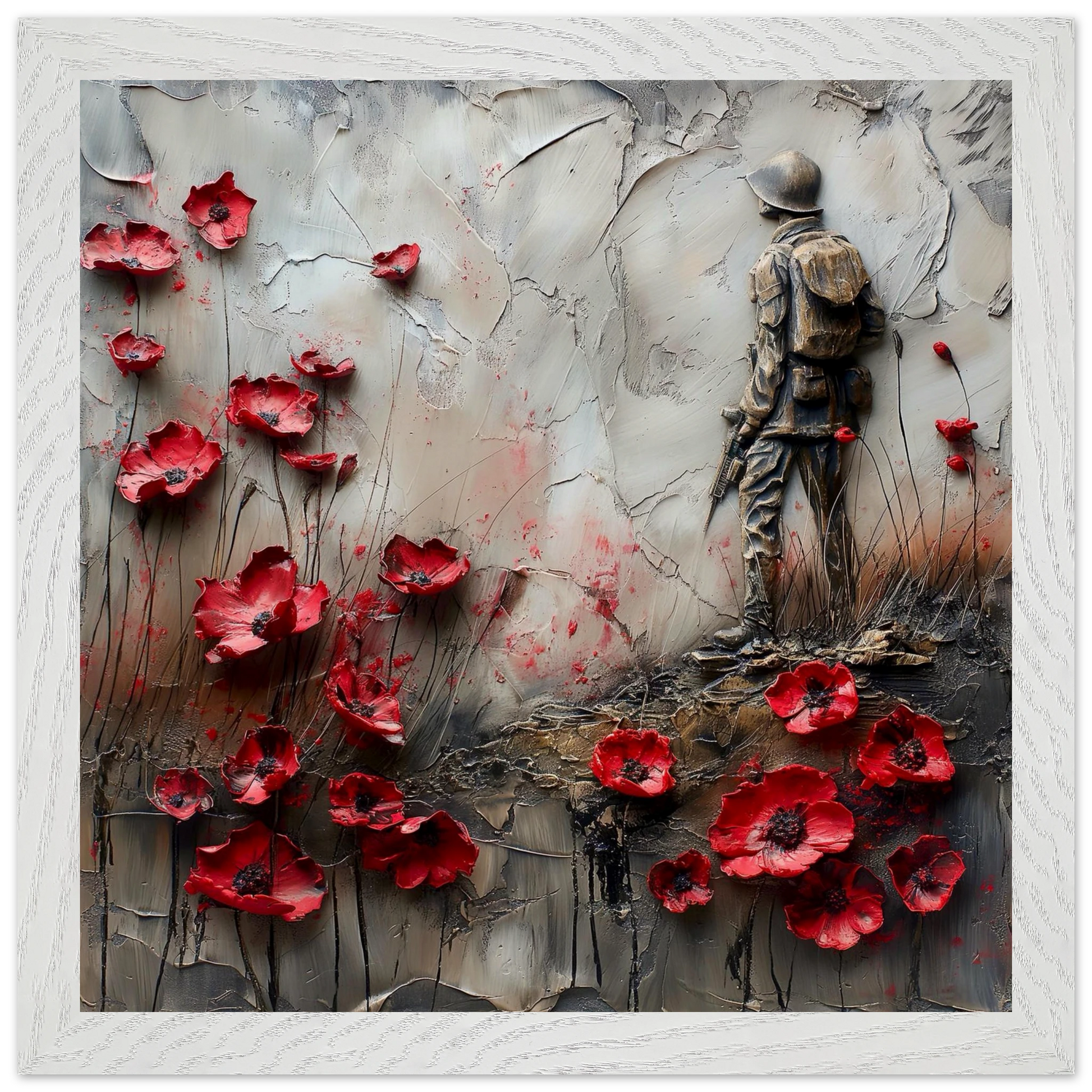Artistic depiction of a soldier among red poppies on a textured background