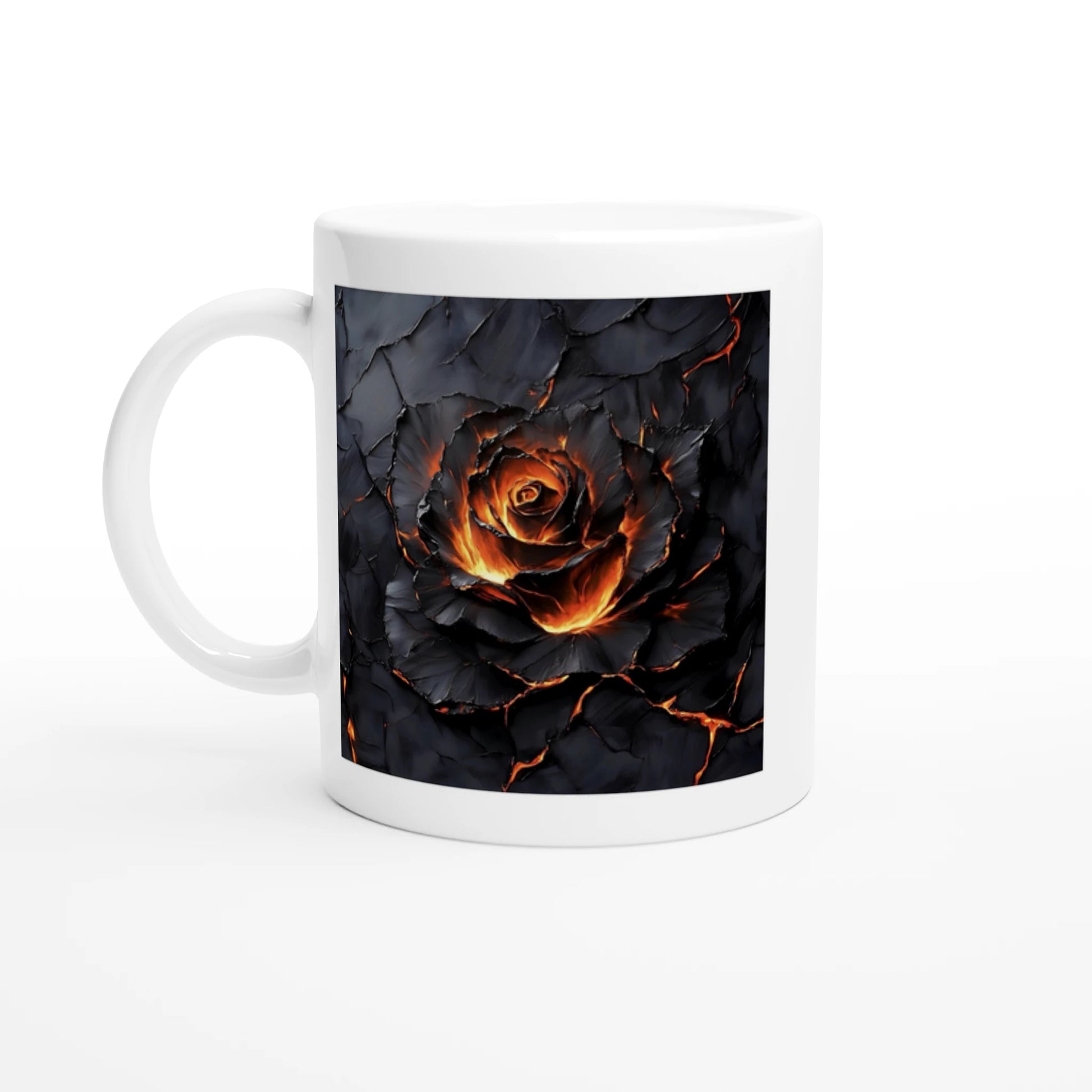 White mug with a black and orange rose design on a white background