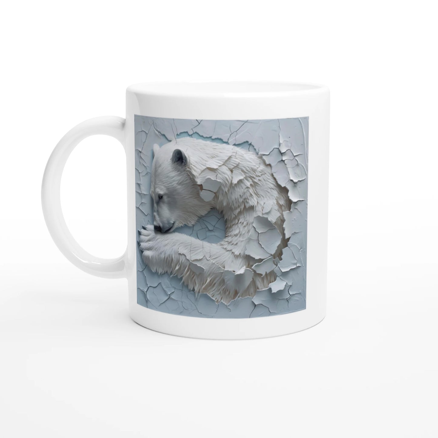 White mug with a design of a polar bear and baby on a cracked ice background