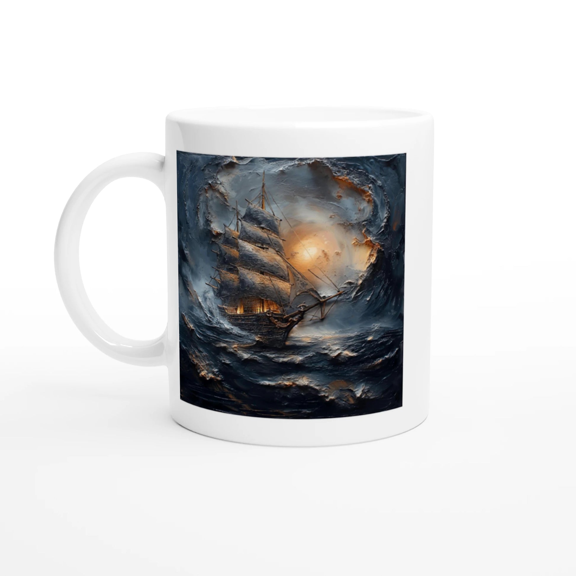 White mug with a ship in a stormy sea design on a white background