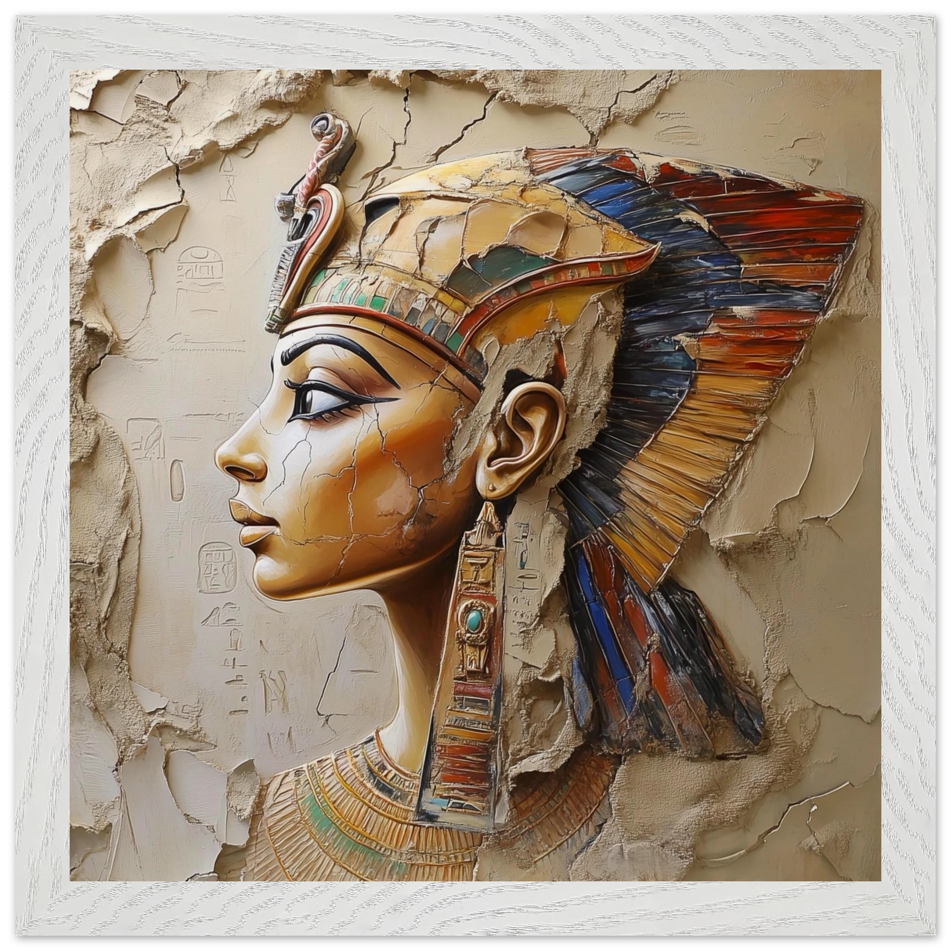 Decorative wall art of an Egyptian pharaoh's profile on a textured beige background