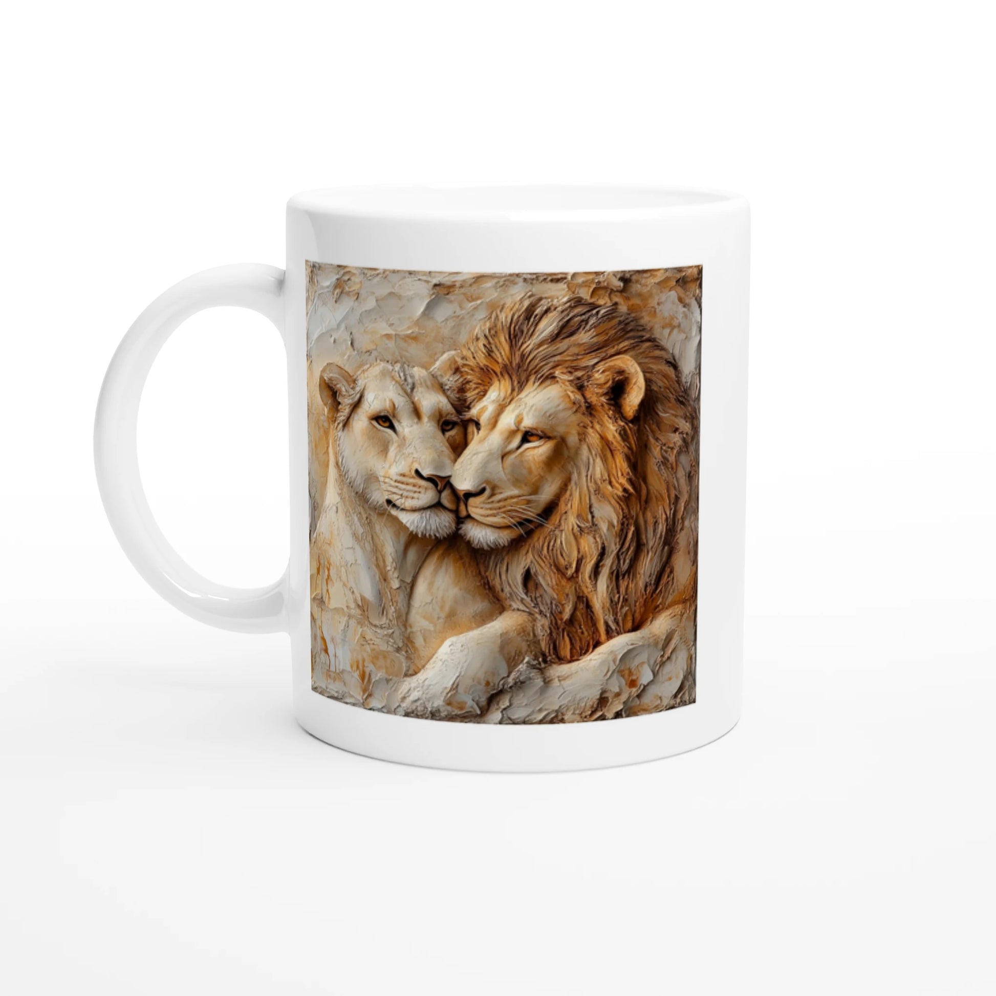 Mug with a design of two lions on a white background
