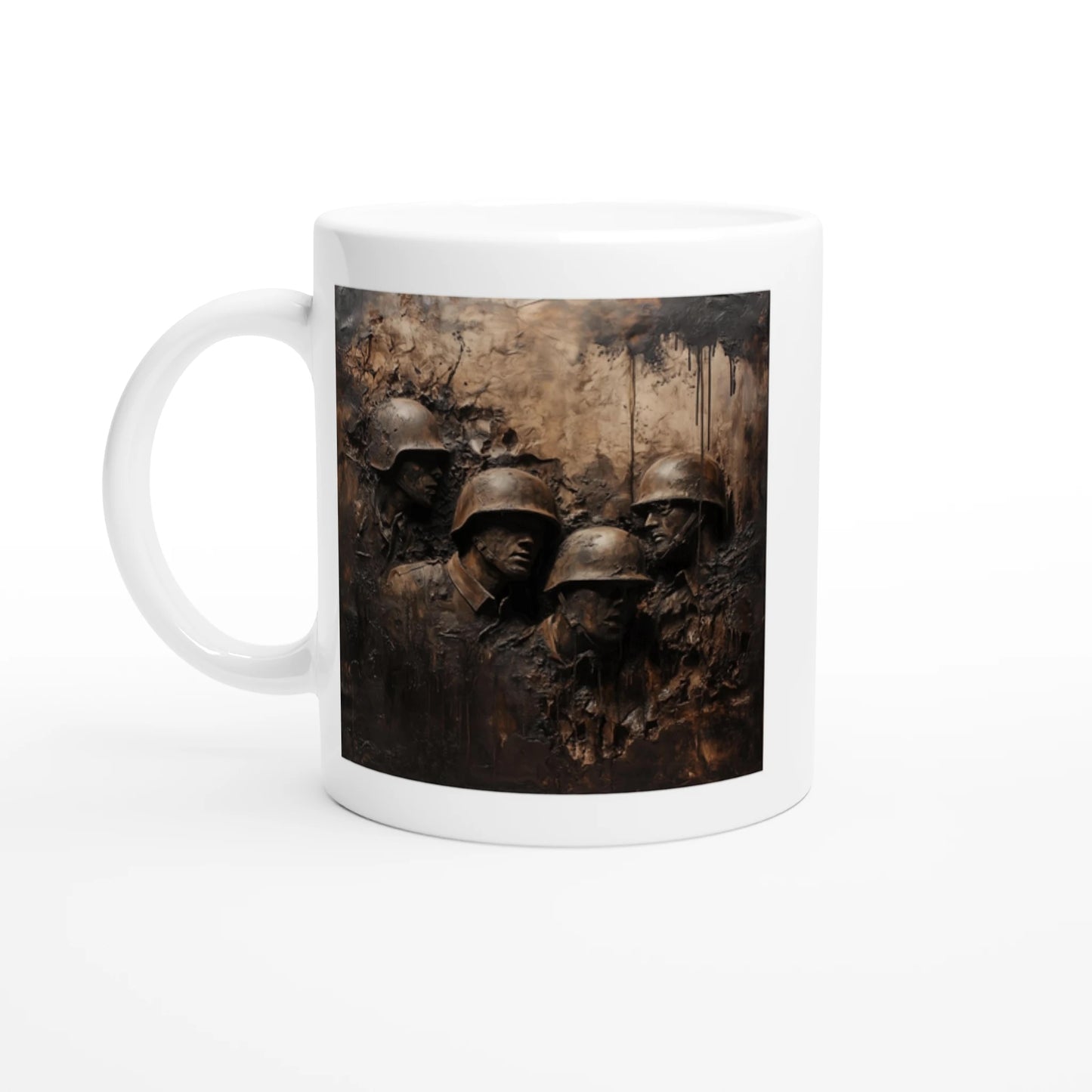 White mug with a design of soldiers in helmets on a white background
