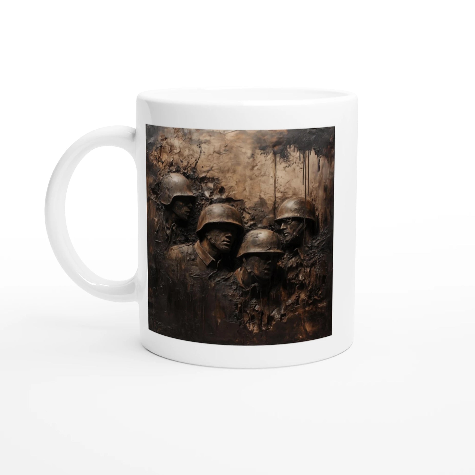 White mug with a design of soldiers in helmets on a white background