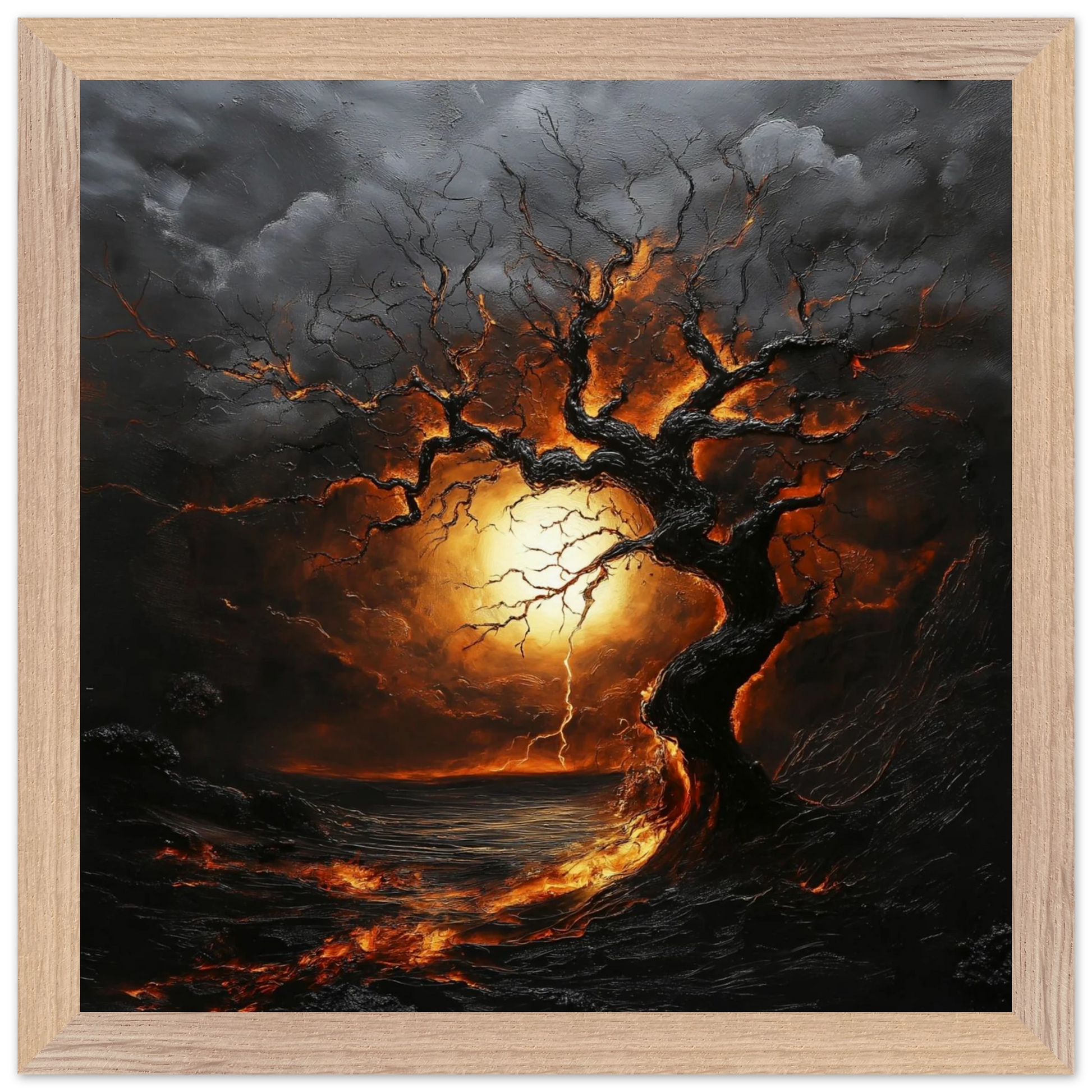 Framed artwork of a tree with fiery branches against a dark sky.