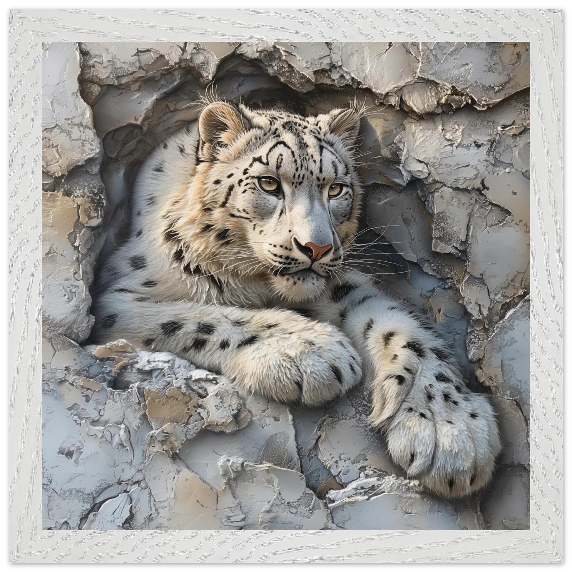 Snow leopard peeking out from behind rocky terrain