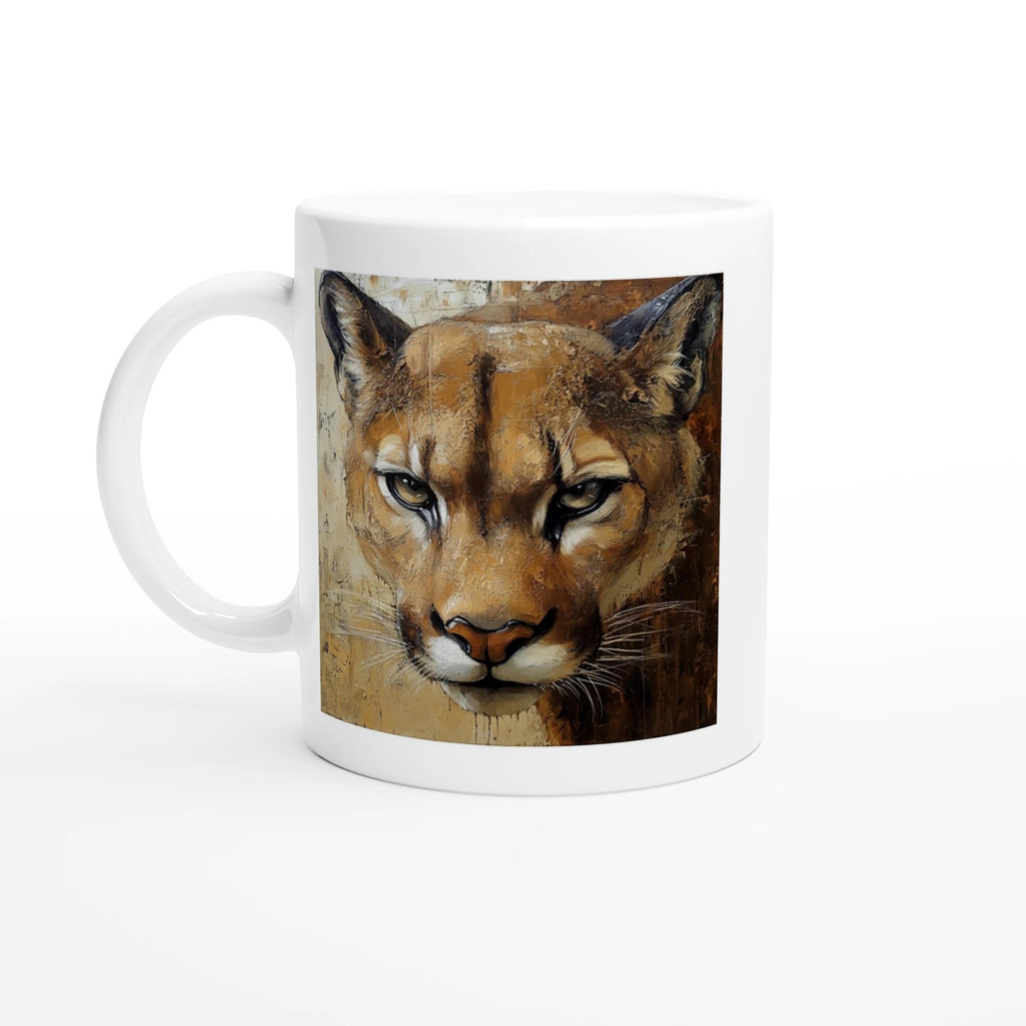 White mug with a cougar face design on a white background