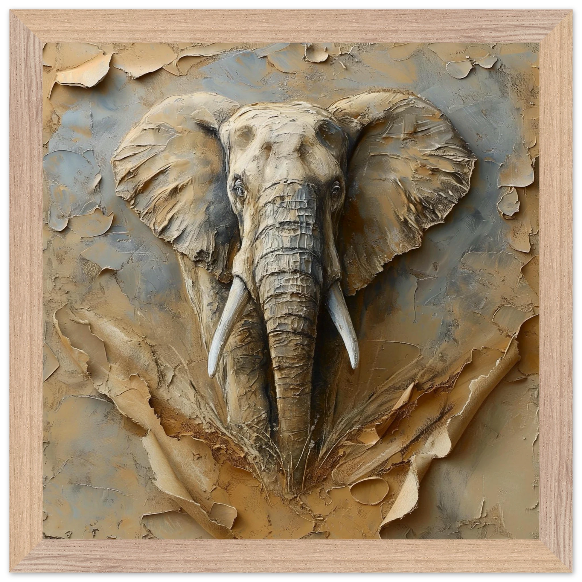 3D wall art of an elephant with a natural wood frame