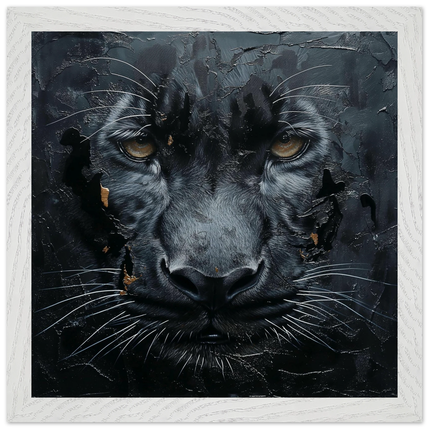 Artistic depiction of a black panther's face on a dark background