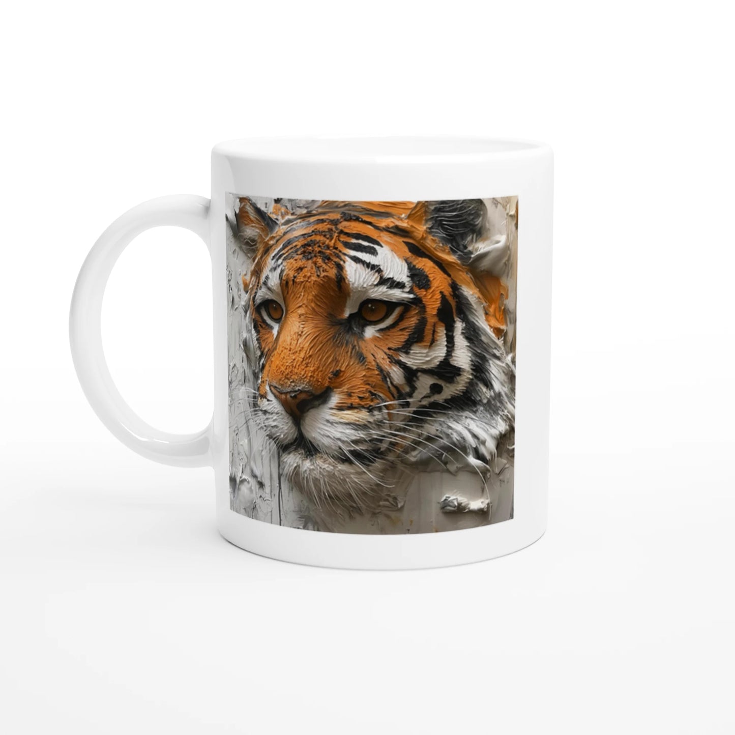 White mug with a tiger design on a white background
