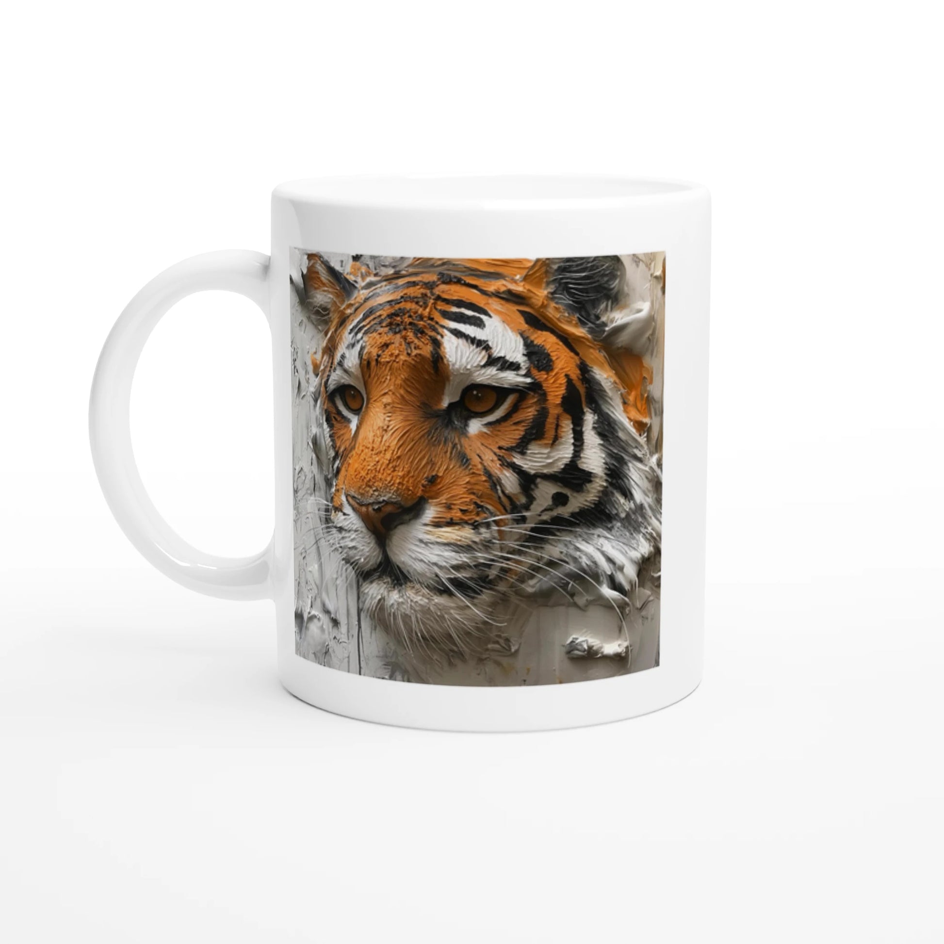 White mug with a tiger design on a white background