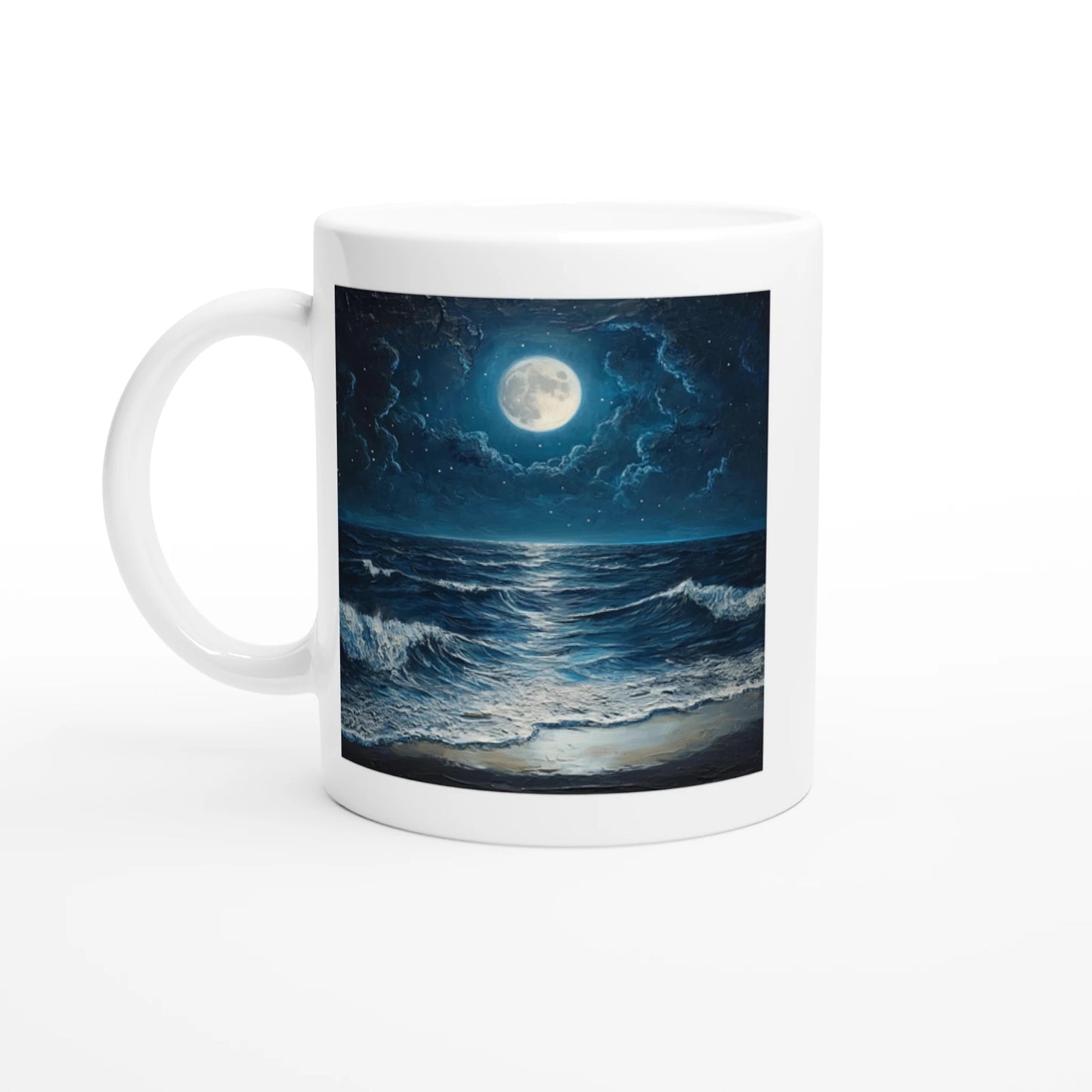 Mug with a design of a night sky over the ocean featuring a full moon.