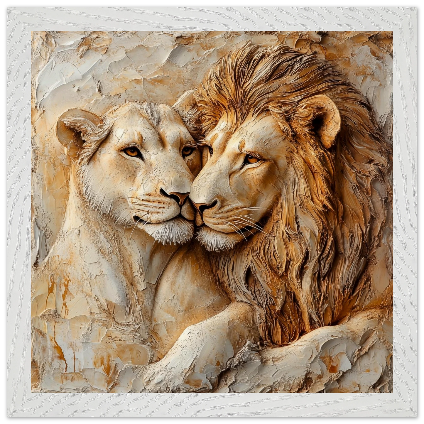 Artistic depiction of two lions close together on a textured background