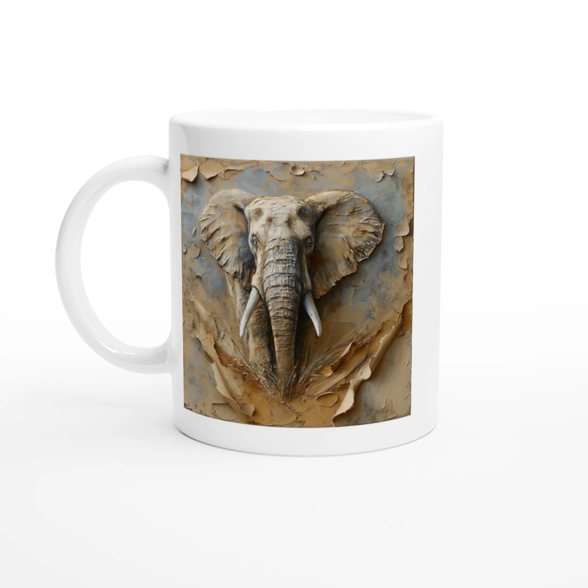 White mug with an elephant design on a white background