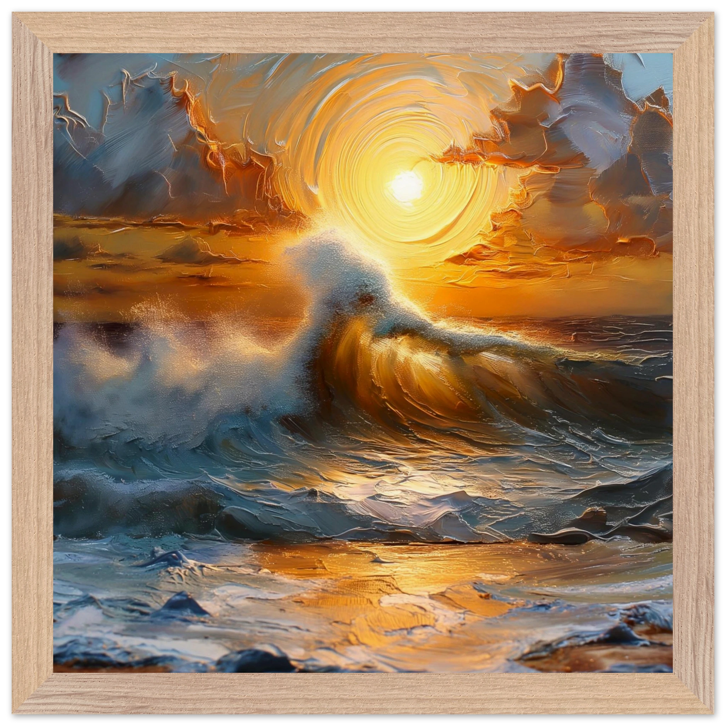Framed artwork of a sunset over water with waves crashing, framed in wood.