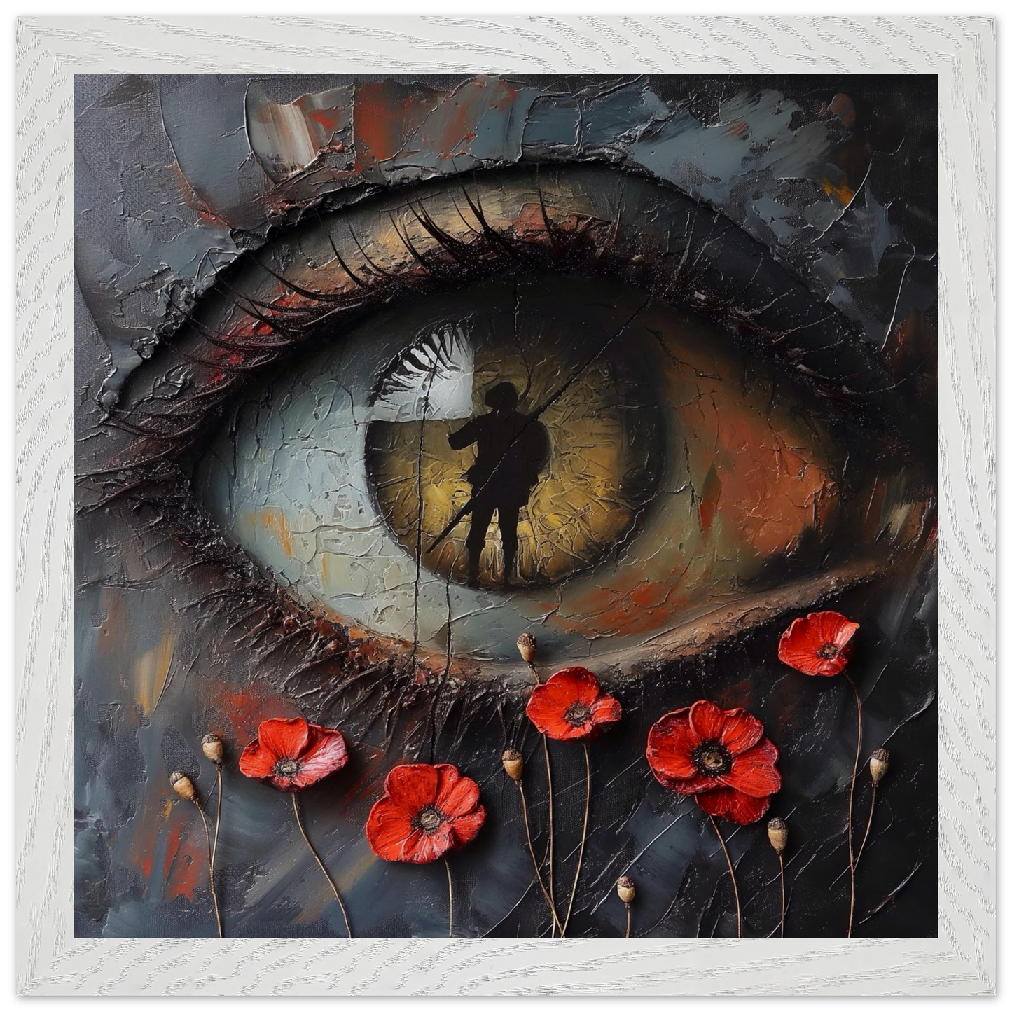 
Eye with image of a soldier and poppies around it 