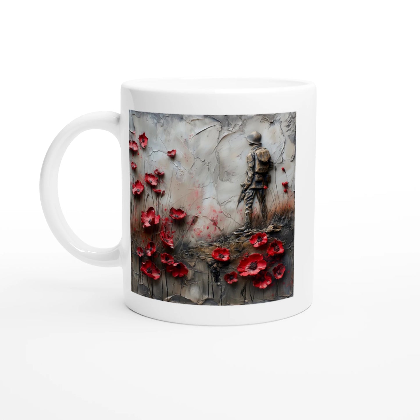 Mug with a design of a soldier and red poppies on a white background