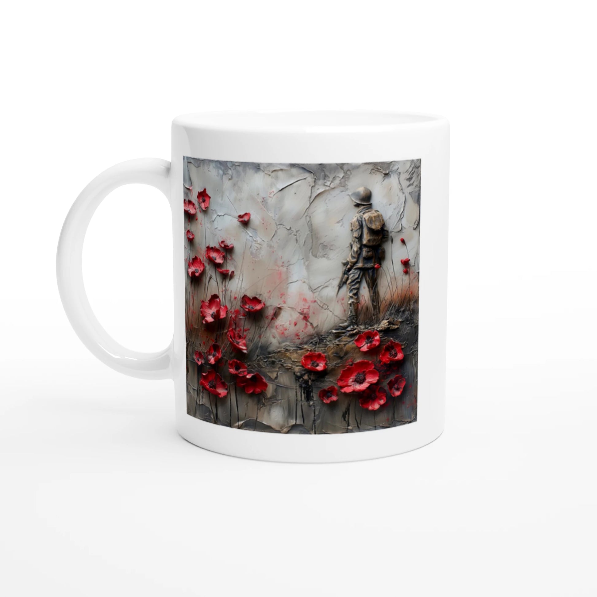 Mug with a design of a soldier and red poppies on a white background
