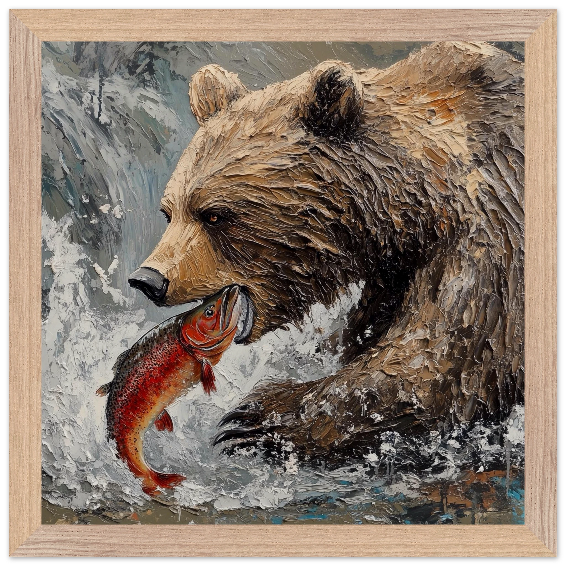 Painting of a bear with a fish in its mouth, framed in a light wood color.