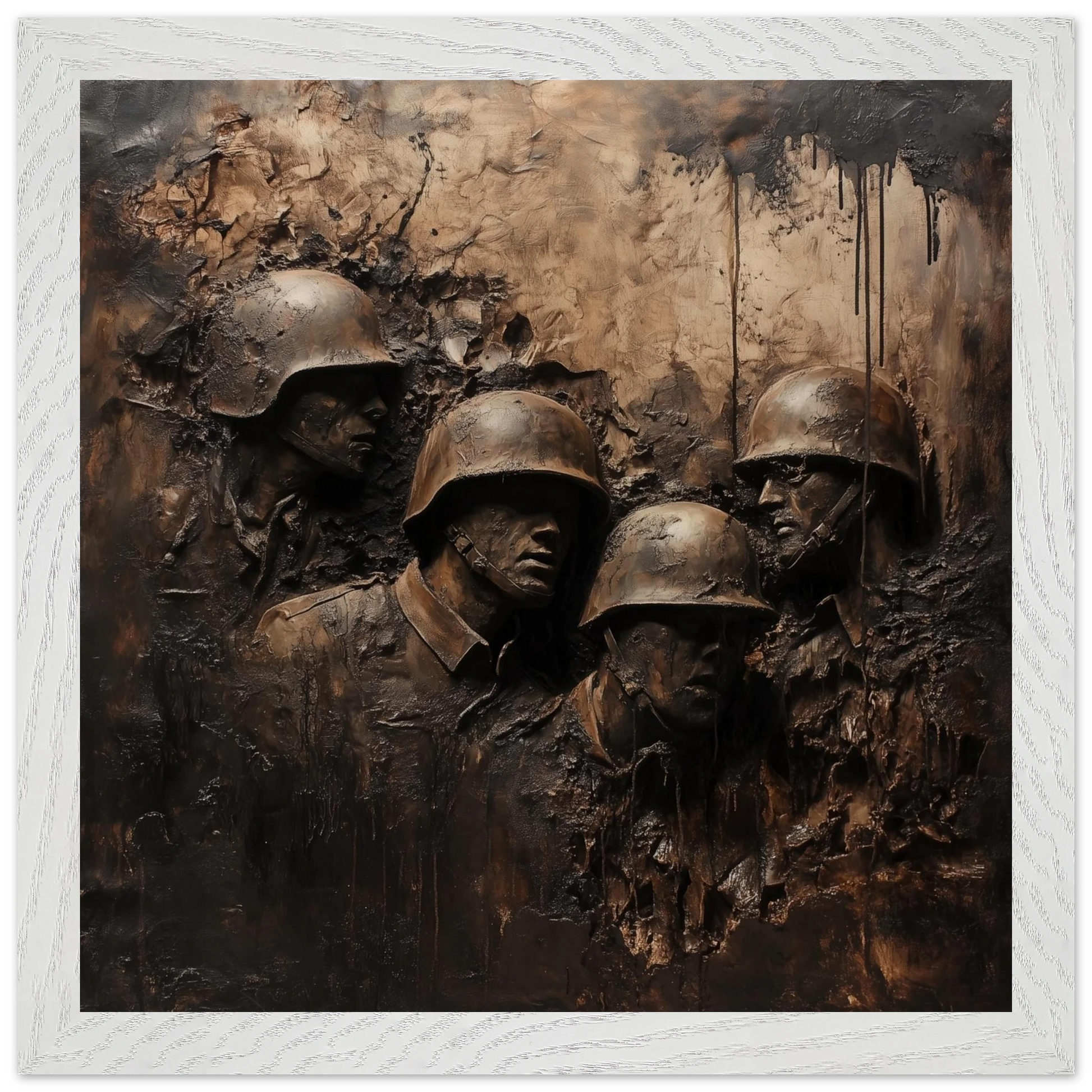Bronze sculpture of four figures wearing helmets against a textured background