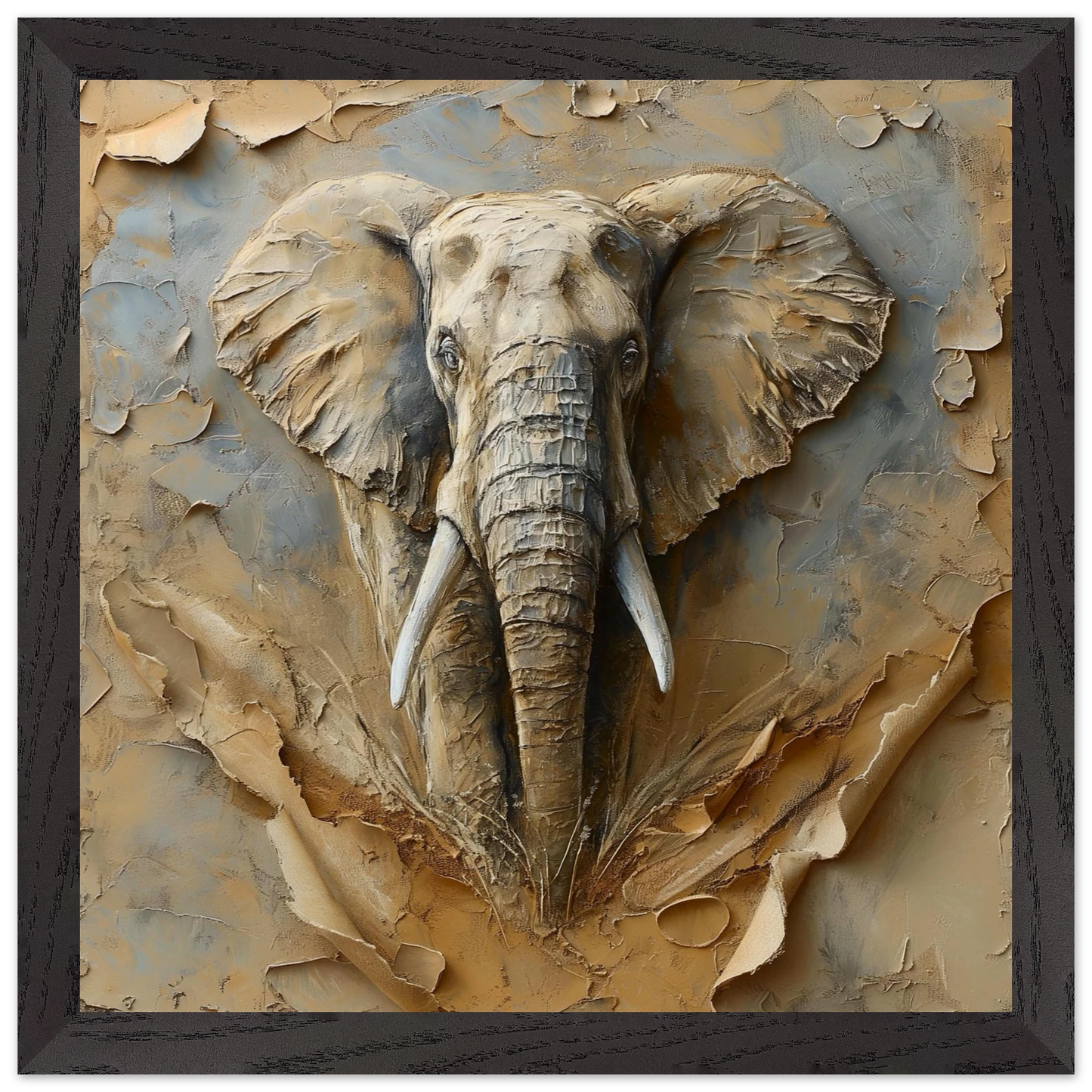 3D wall art of an elephant head on a textured background with a black frame.