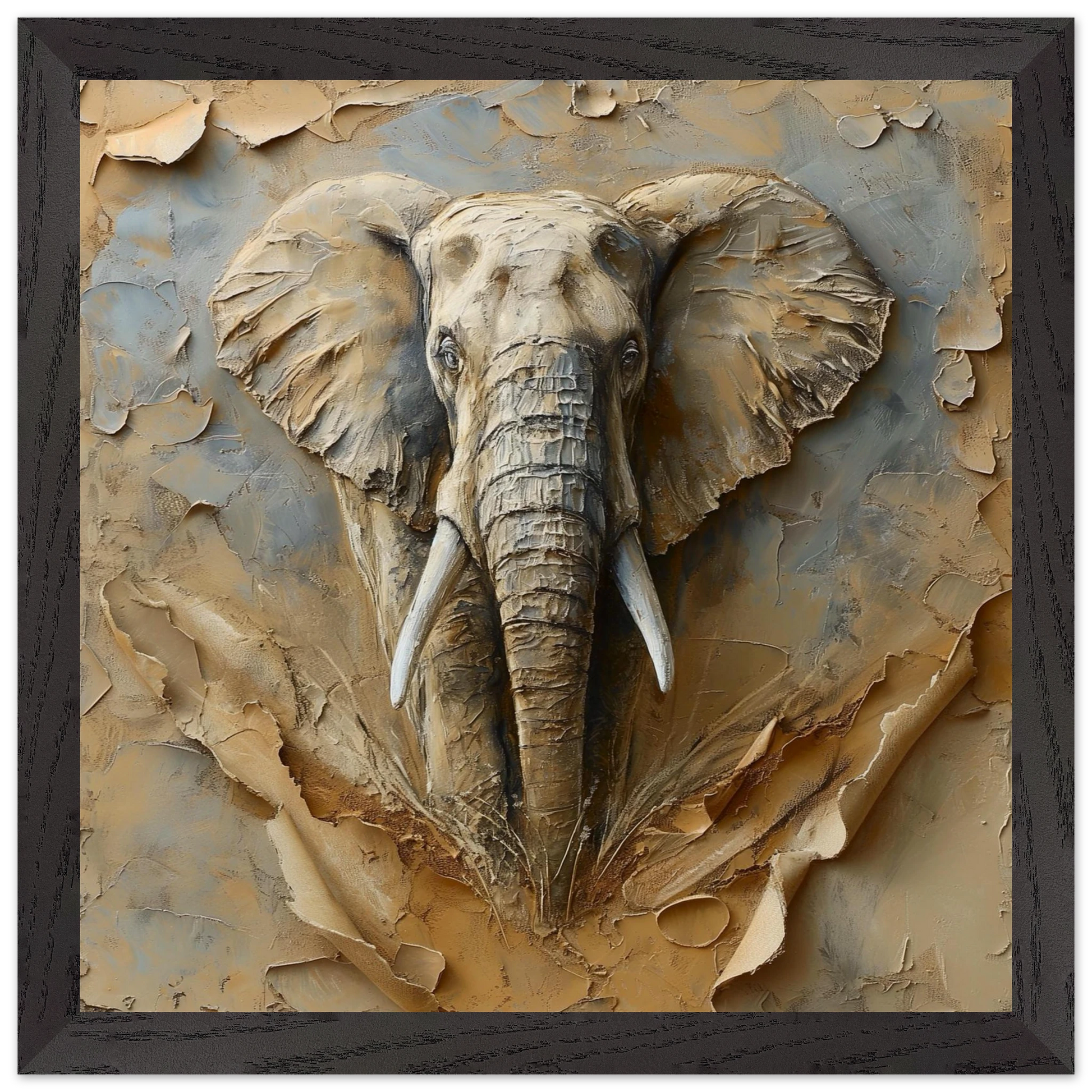 3D wall art of an elephant head on a textured background with a black frame.