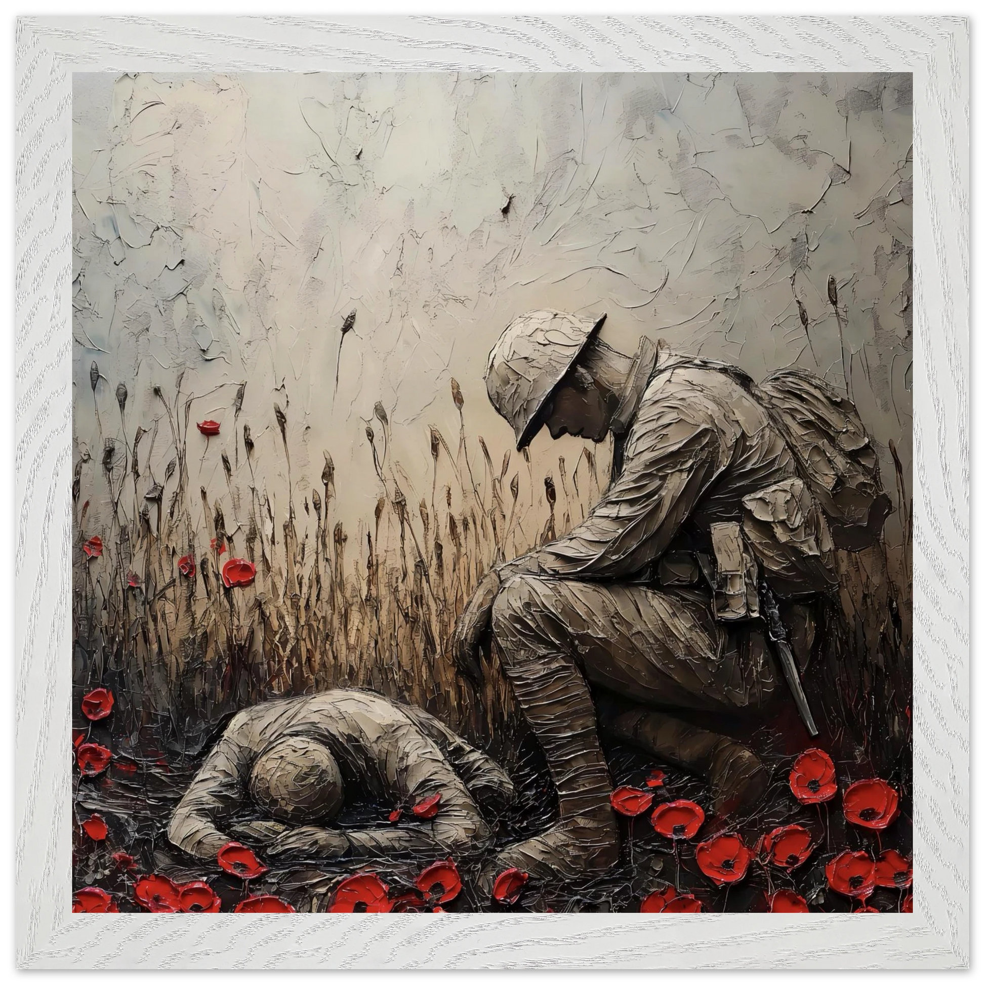 Artistic depiction of a soldier kneeling beside a fallen comrade with poppies in a field.