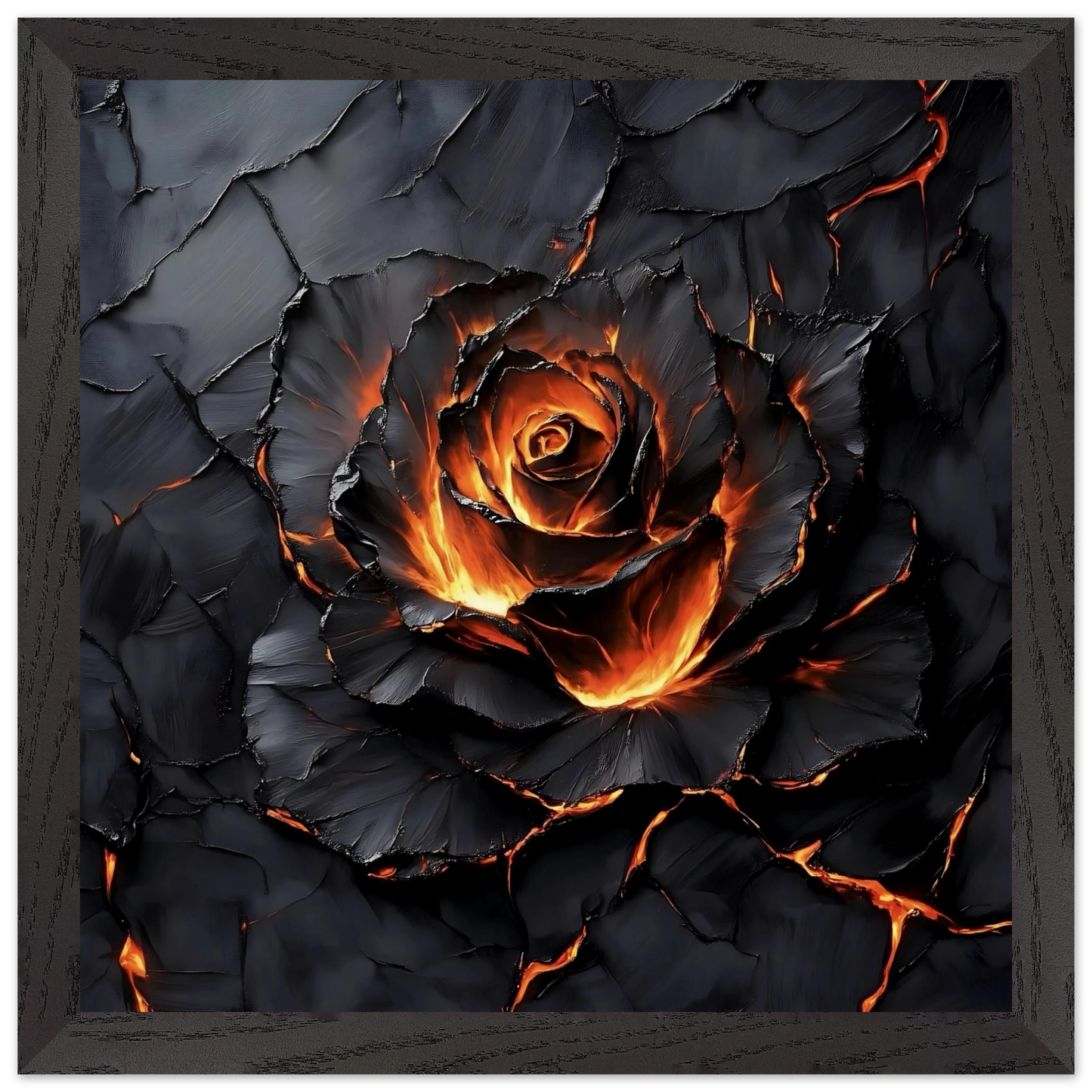 Artistic depiction of a rose with dark, cracked texture and fiery accents.
