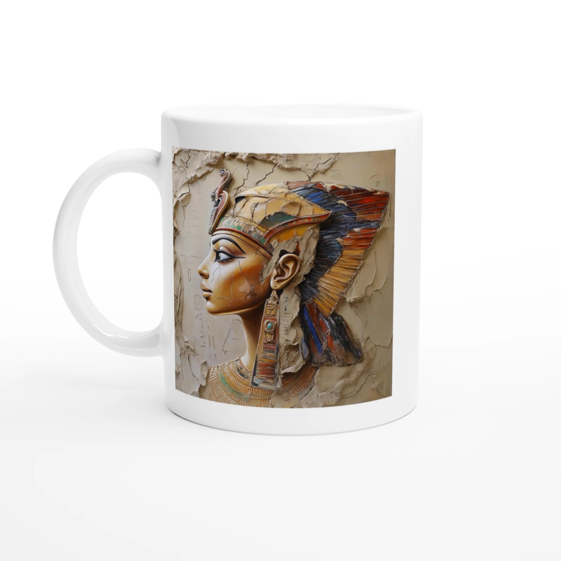 Mug with an Egyptian-themed design on a white background